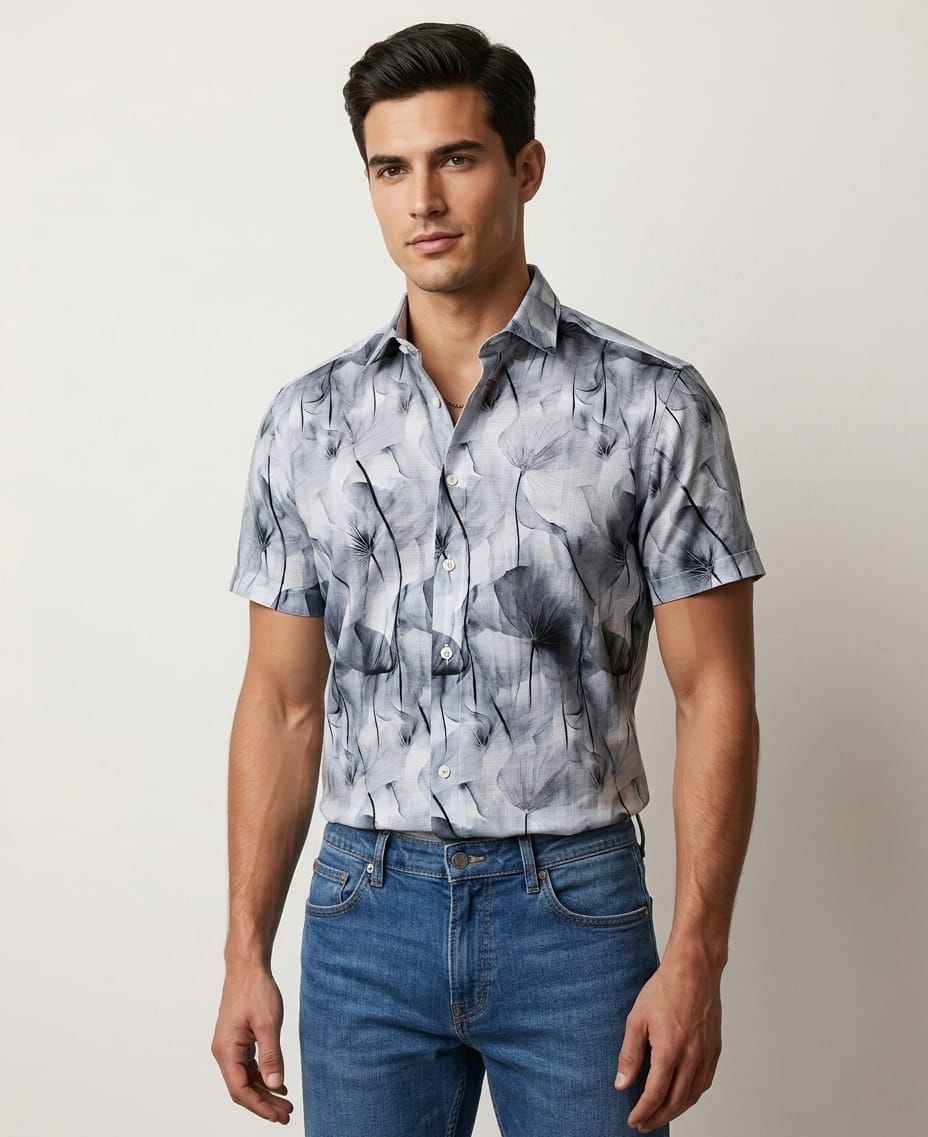 Linen Half Shirt - Grey Stems