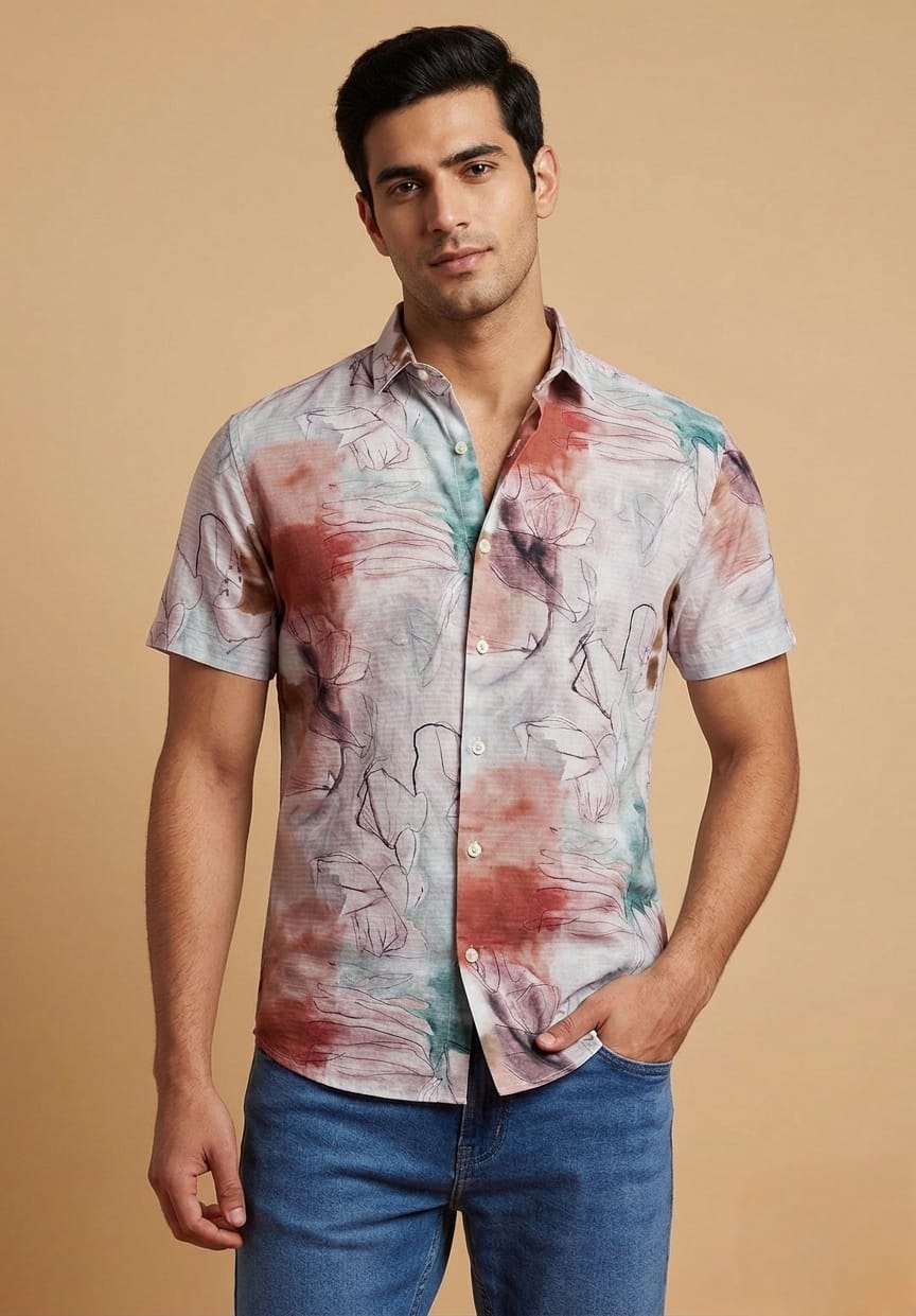 Linen Half Shirt - Floral Pink
