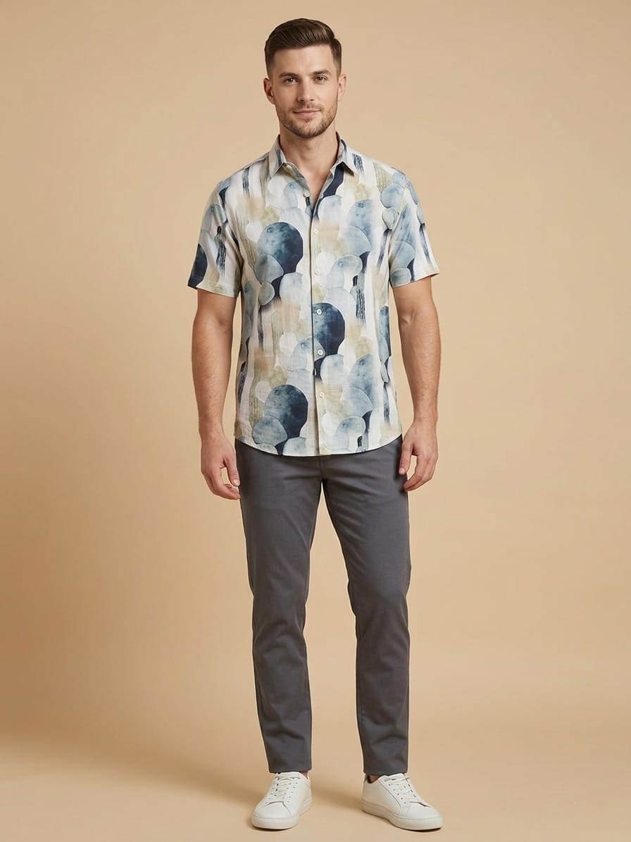 Linen Half Shirt - Turquoise Patch