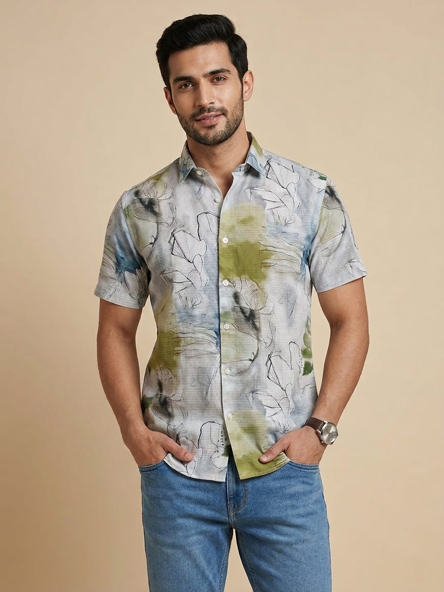 Linen Half Shirt - Mustard Flow