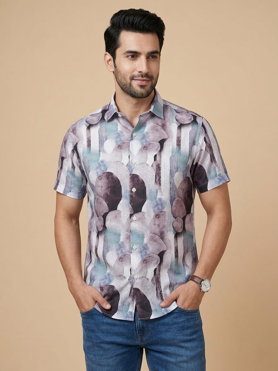 Linen Half Shirt - Patchy Lavender