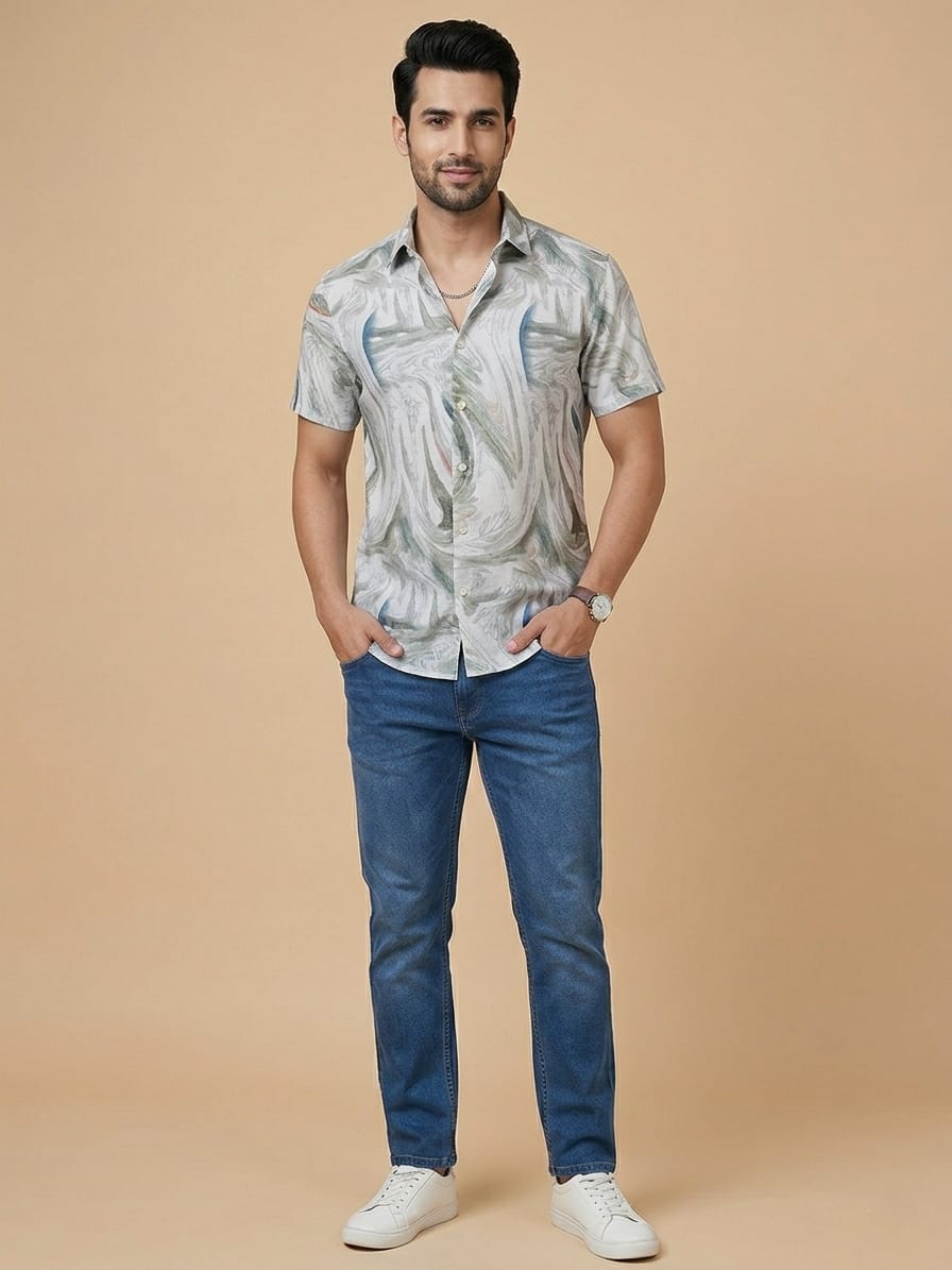 Linen Half Shirt - Green Flow