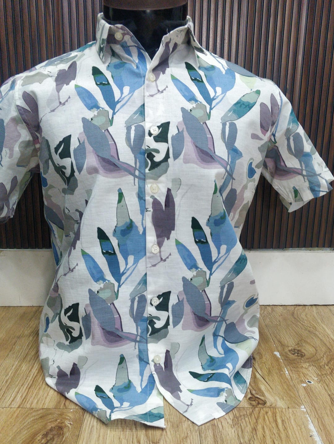 Linen Printed Half Shirt - Blue Leaf