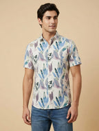Linen Printed Half Shirt - Blue Leaf