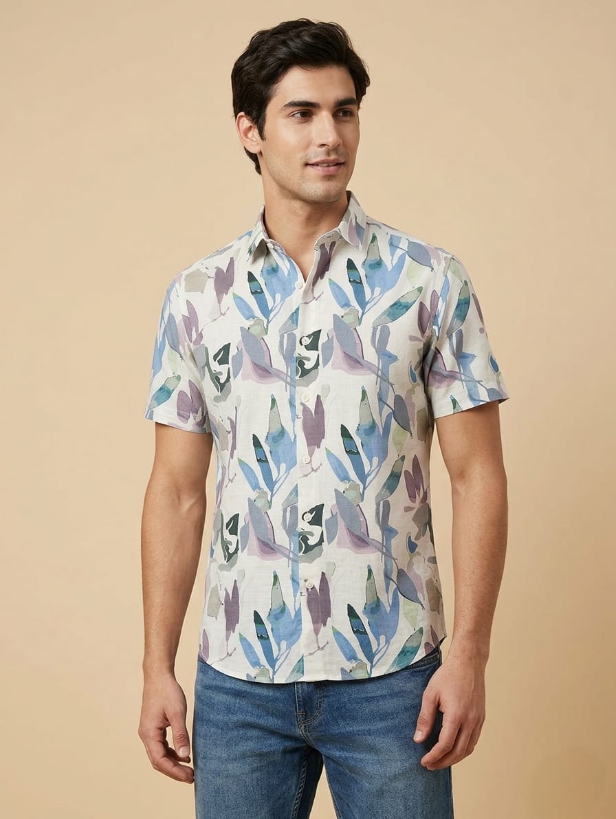 Linen Printed Half Shirt - Blue Leaf