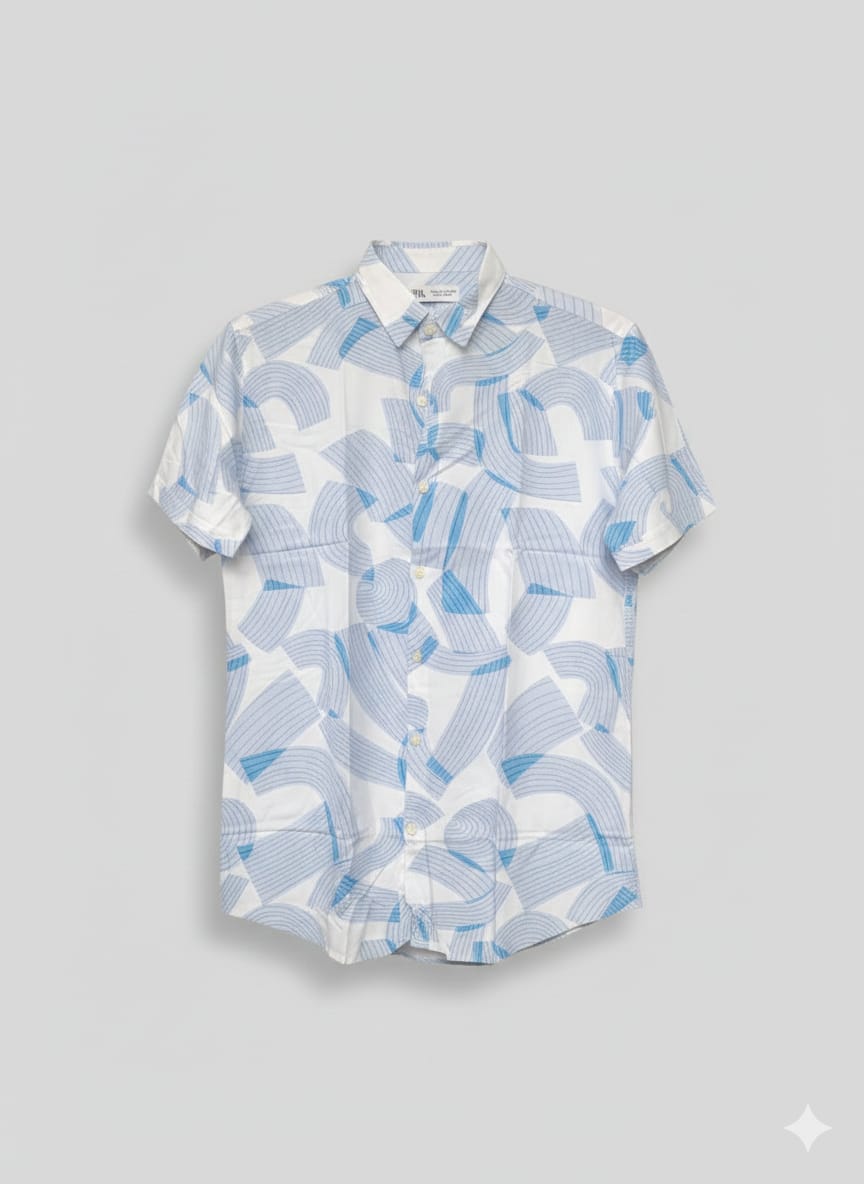 Pattern Half Shirt - Blue leafy Print