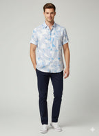 Pattern Half Shirt - Blue leafy Print