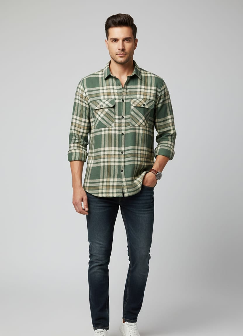 Overflap Green-Plaid Overshirt